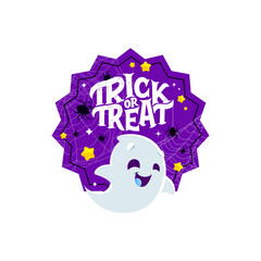 Wall Mural - Halloween holiday sticker with funny kawaii ghost character. Isolated vector badge with spiders and cute spook with playful expression, adding a touch of spookiness and charm to the festive spirit