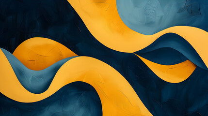 Surreal art piece featuring an abstract form in navy and mustard hues, outlined with elegant curves and a deep cyan filling
