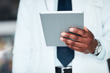 Poster - Doctor, man and tablet in hands for healthcare, planning and medical website to research diagnosis. Male person, medicine and online for consulting, telehealth and app for clinic patient system