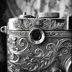 Wall Mural - The delicate patterns and engravings on the body of a classic vintage camera capturing the eye. Black and white art
