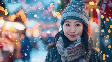 Wall Mural - An attractive young asian woman standing outside in the snow and enjoying Christmas Market.