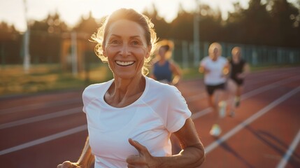 Wall Mural - Stunning portrait of smiling middle aged woman in white tshirt, running on the track outside with other people during morning sunrise, looking at camera, beautiful sunlight, soft light, bokeh backgrou