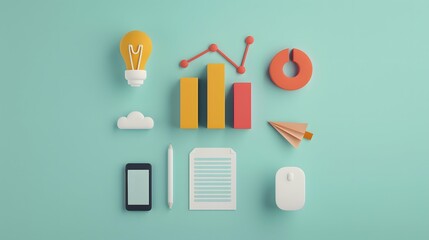 Flat lay of office supplies including charts, light bulb, phone, notebook, and mouse, symbolizing business and productivity on a mint green background.