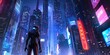 © Various Backgrounds - Anthropomorphic majestic cyberpunk robot in the night city in front of neon skyscrapers