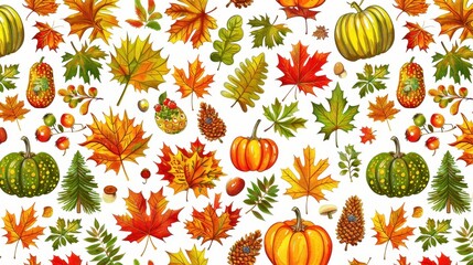 colorful autumn leaves seamless pattern on watercolor floral ornament for packaging paper, fabrics, wrapping gifts, stickers, tape, ribbons cut out design element on plain color background, alone, 