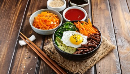 Wall Mural - A bowl of Korean bibimbap, consisting of rice, various vegetables, beef and a fried egg, garnished with sesame and gochujang sauce. Served with a pair of chopsticks and a bowl of kimchi