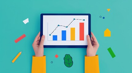 Wall Mural - Hands holding tablet displaying colorful bar and line chart, on a bright teal background with playful geometric shapes and office supplies.