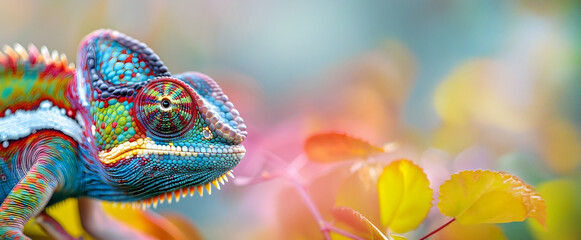 Wall Mural - Stunning close up photograph of a vibrant colorful chameleon displaying its intricate textured scales in a vivid macro level view