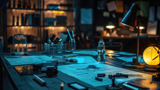 Mystery Thriller Crime Scene: A crime scene set with evidence markers, forensic equipment, and crime-solving props for mystery thriller series