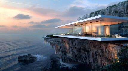 Canvas Print - A futuristic glass-walled house perched on a cliff overlooking the ocean