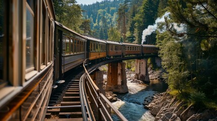 Wall Mural - Crossing a towering bridge over a rushing river a historic steam train making its way through a scenic landscape.