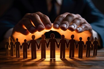 The close-up shot of a businessperson's hand protecting paper cut-out people on a desk symbolizes the importance of protection and care for employees in a professional setting.