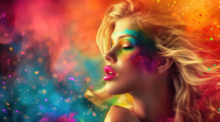 Wall Mural - Beautiful blonde woman with colorful makeup and hair, an explosion of colors in the background, an colorful explosion, an explosion of confetti, an explosion of glitter