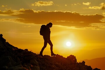 Silhouette of a hiker trekking on a mountain at sunset, capturing the beauty of nature and adventure in a stunning landscape.