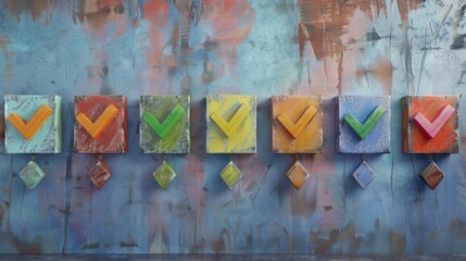 Colorful painted checkmarks on wooden blocks, abstract background