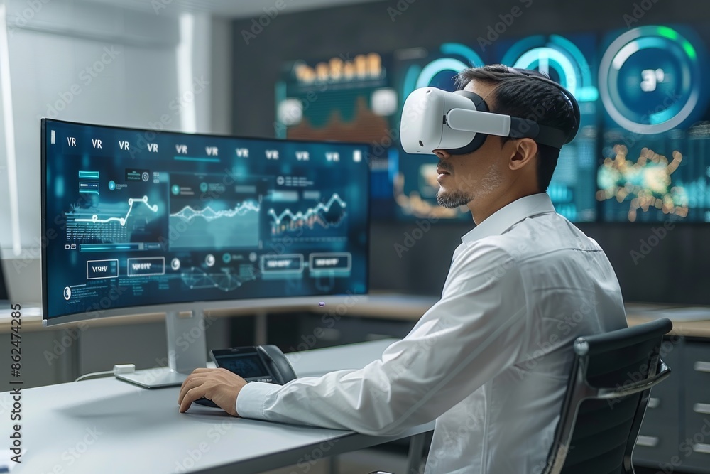 Man using VR headset in a high tech office, interacting with multiple ...