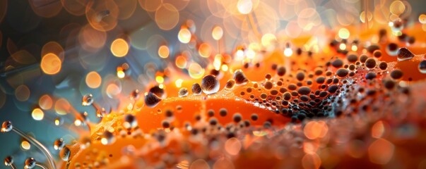 Wall Mural - Abstract Macro Photography of Water Droplets on Orange Surface with Bokeh Lights