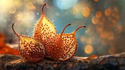 Wall Mural - Dried Plant Pods with Seeds on a Wooden Surface