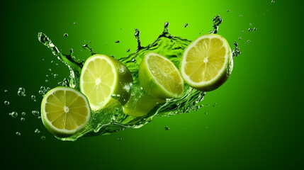 Lime pieces flying around liquid splash on lemon green background 