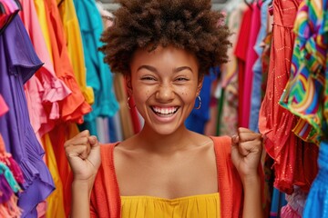 Poster - Cheerful ethnic woman with Afro hairstyle clenches fists, stands between bright clothes on racks