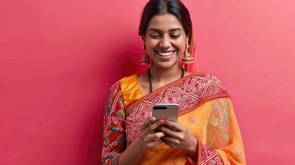 Cheerful multiethnic Indian woman messaging on phone