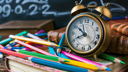 A traditional alarm clock on a pile of school books, with colorful pencils surrounding it, indicating time for study.