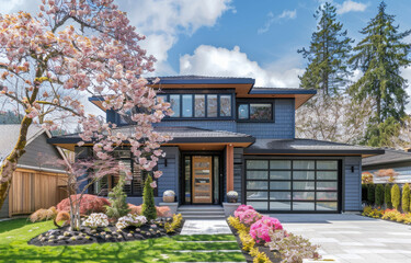 Wall Mural - modern home with gray walls and blue trim, showcasing the front yard in springtime with colorful flowers like cherry blossoms or azaleas