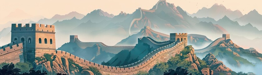 Great Wall of China stretching across rugged terrain, misty mountains in background, digital illustration, traditional style