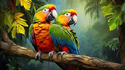 vibrant Amazon parrot perched atop a tree against a backdrop of the rainforest, digitally painted image