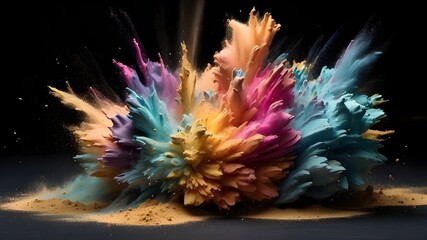 Wall Mural - Abstract colored powder explosion close-up of a dust splash on a black background, combining matte painting with digital illustration
