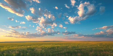 Wall Mural - Beautiful sunset sky with white fluffy clouds over green meadow. Wide open field and dramatic horizon background. Nature scenery and landscape photography.