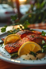 Wall Mural - A white plate with a serving of salmon topped with lemon slices, ready to be enjoyed