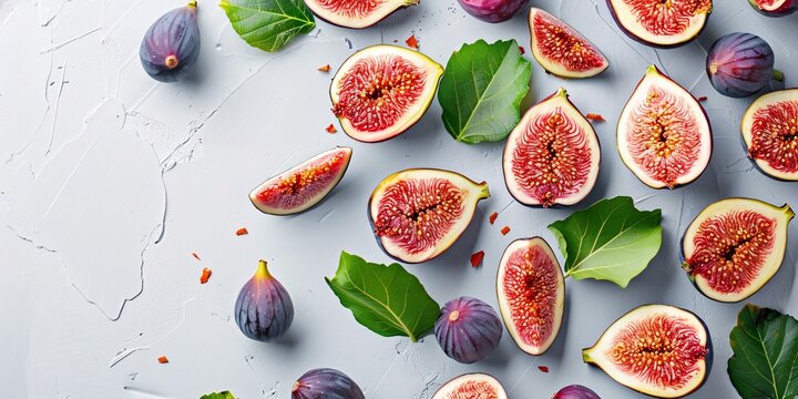Juicy mature figs with foliage on a blank backdrop.