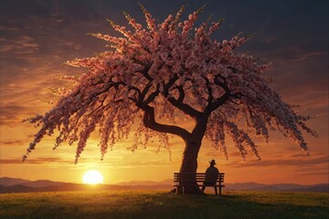 A man alone at sunset near a cherry tree