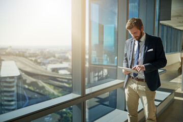 Poster - Man, tablet and research in office for business, networking or stock market trader with city view. Investment banker, technology and communication with clients for acquisition or financial advice