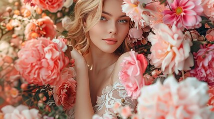 Poster - Fashion outdoor photo of gorgeous woman with blond hair in elegant dress posing among flowers