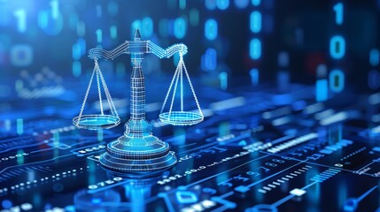 Blue law icon with binary code background. Cyberlaw as digital legal services or online lawyer advice concept. Labor law, Lawyer, Attorney at law. Streaming digital code.