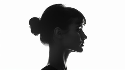 Wall Mural - Dark silhouette young woman on white background side view, emphasize contrast, sharp outline.