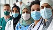 © Various Backgrounds - Group of doctors with face masks of multi-ethnic experts, symbolizing diversity and inclusion.