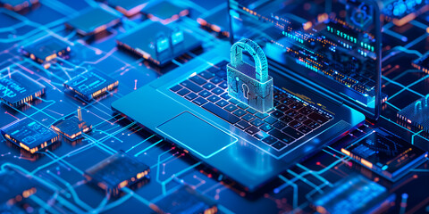 Security and data protection in technological development. 3D security lock concept for cyber security datum, digital encryption from hackers, online hosting protection padlock