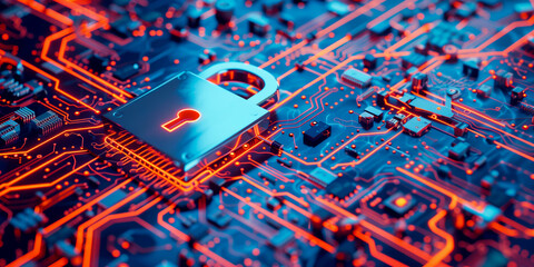 Security and data protection in technological development. 3D security lock concept for cyber security datum, digital encryption from hackers, online hosting protection padlock