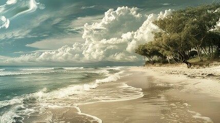 Wall Mural - Beach with trees and sky. copy space for text.