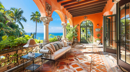 Wall Mural - Sun-drenched terracotta tiles, Mediterranean decor, and wrought iron accents adorn this seaside villa