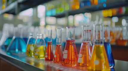 Wall Mural - Chemistry lab with colorful liquids in beakers High quality images