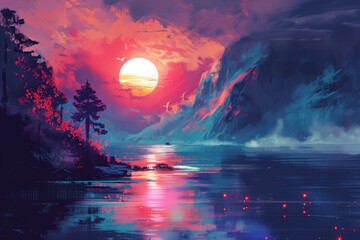 pixel art Abstract wallpaper, combining retro aesthetics with a dreamy landscape, Unique landscape artwork using pixel style, pixel art concept banner, Pixel sunset landscape with trees and mountains