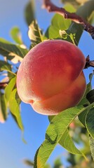 Wall Mural - Ripe peach on a tree branch against a clear blue sky