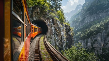 Wall Mural - From the darkness of the tunnel the train emerges into a bright and sunny mountain pass.