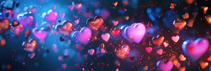 Neon elegant heart. A glowing banner with shiny hearts for Valentine's Day as a template for greeting cards, invitations, and advertisements. Festive background.