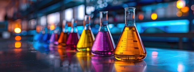 Wall Mural - Colorful Chemistry: A Row of Beakers in a Laboratory Setting