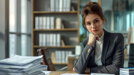 Wall Mural - A woman in a business suit sits at a desk with a stack of papers in front of her